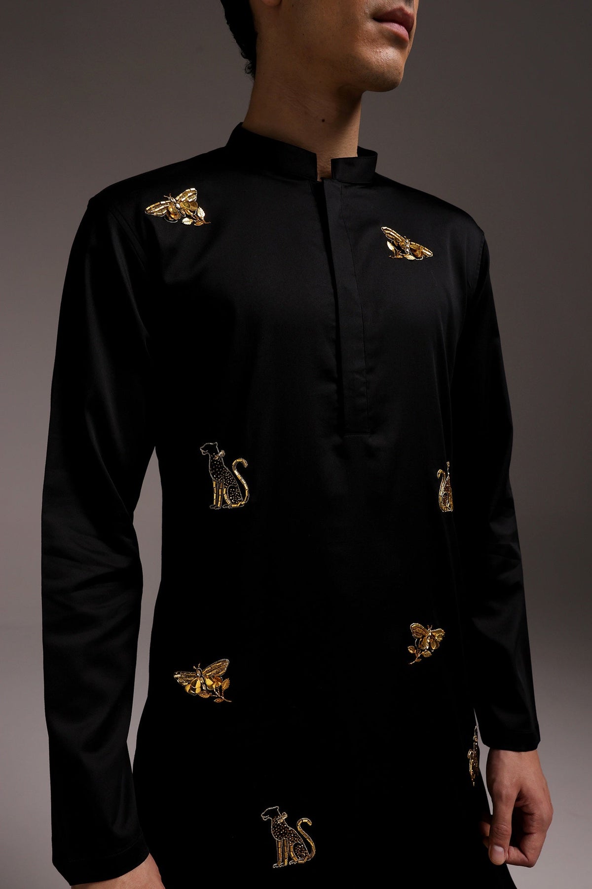 Wild Grace (Butterfly & Panther) - Hand Embroidered Designer Kurta - Black