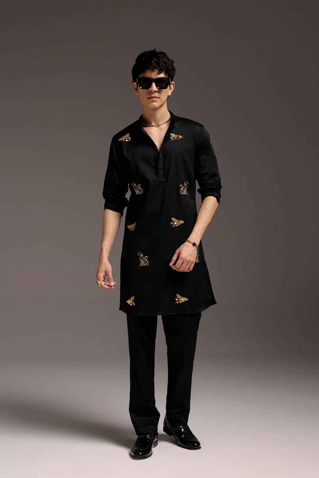 Wild Grace (Butterfly & Panther) - Hand Embroidered Designer Kurta - Black