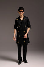 Wild Grace (Butterfly & Panther) - Hand Embroidered Designer Kurta - Black