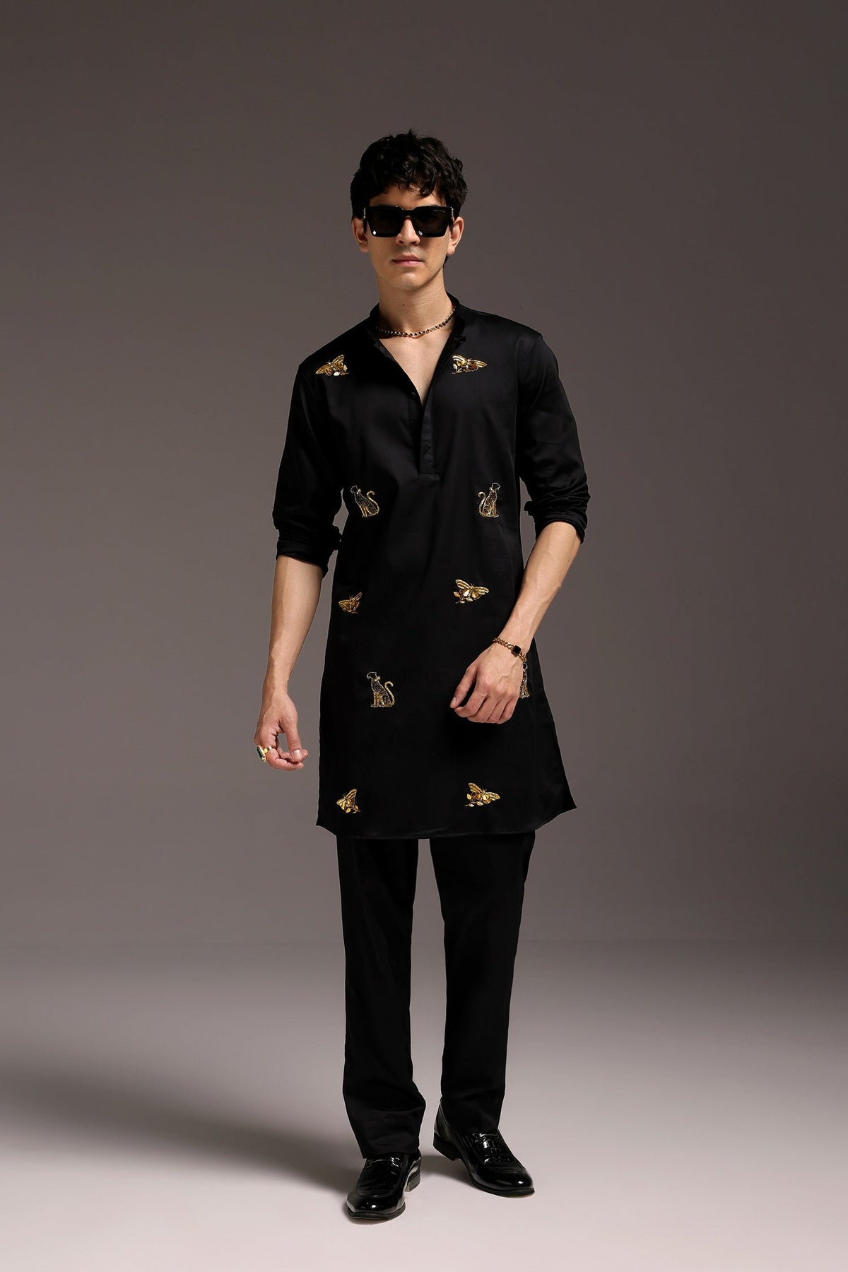 Wild Grace (Butterfly & Panther) - Hand Embroidered Designer Kurta - Black