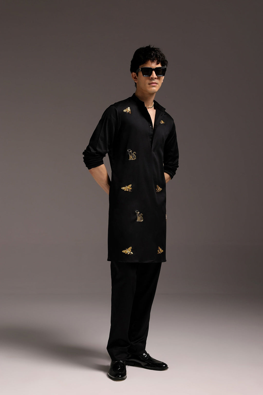 Wild Grace (Butterfly & Panther) - Hand Embroidered Designer Kurta - Black