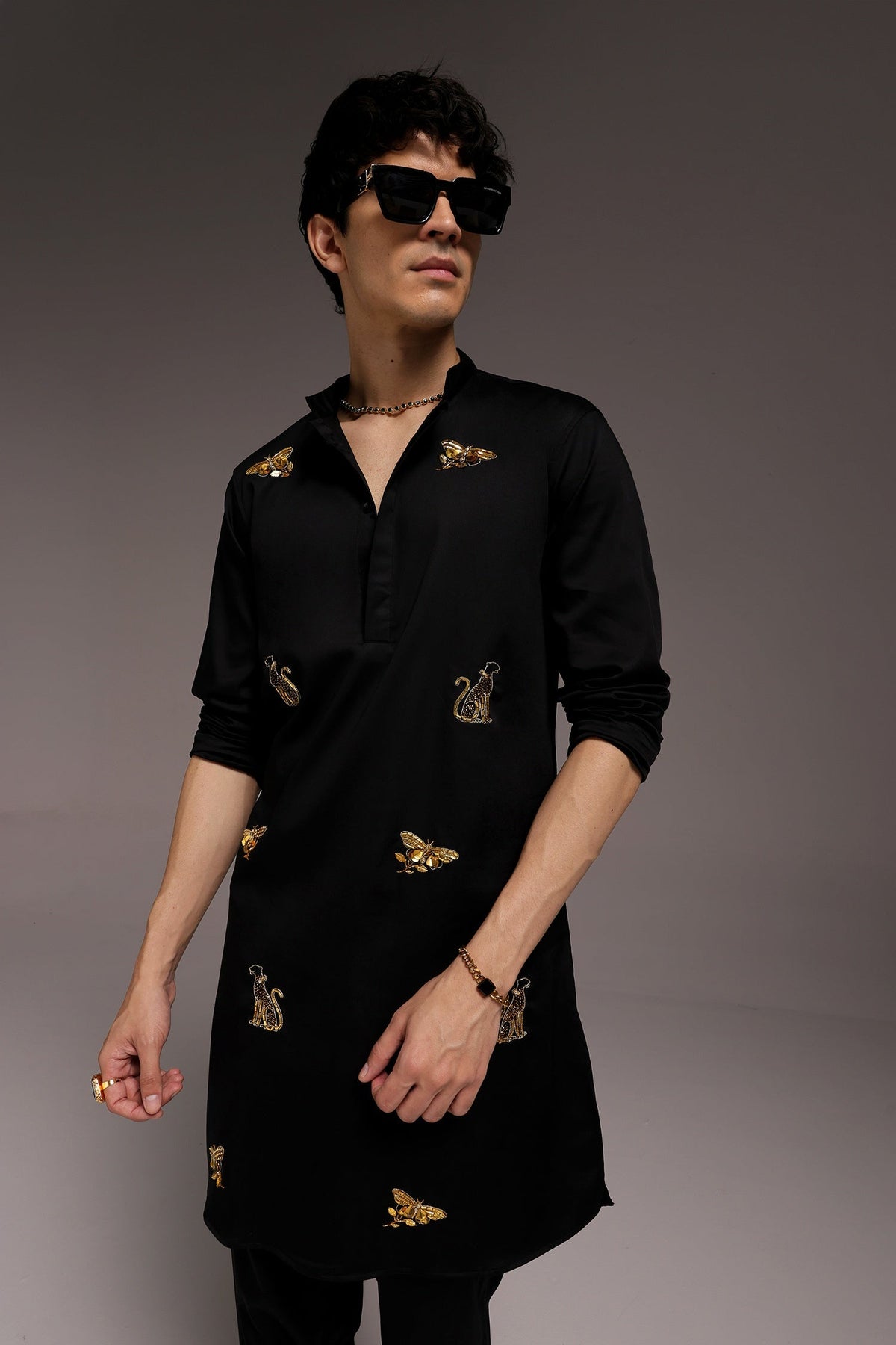 Wild Grace (Butterfly & Panther) - Hand Embroidered Designer Kurta - Black