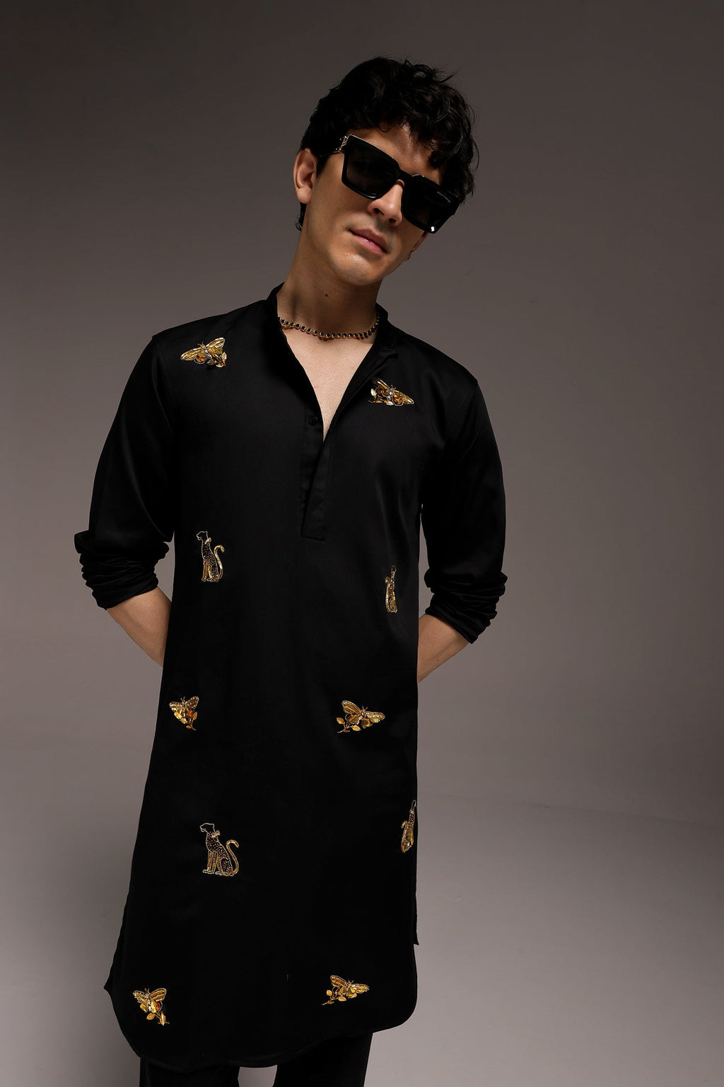 Wild Grace (Butterfly & Panther) - Hand Embroidered Designer Kurta - Black