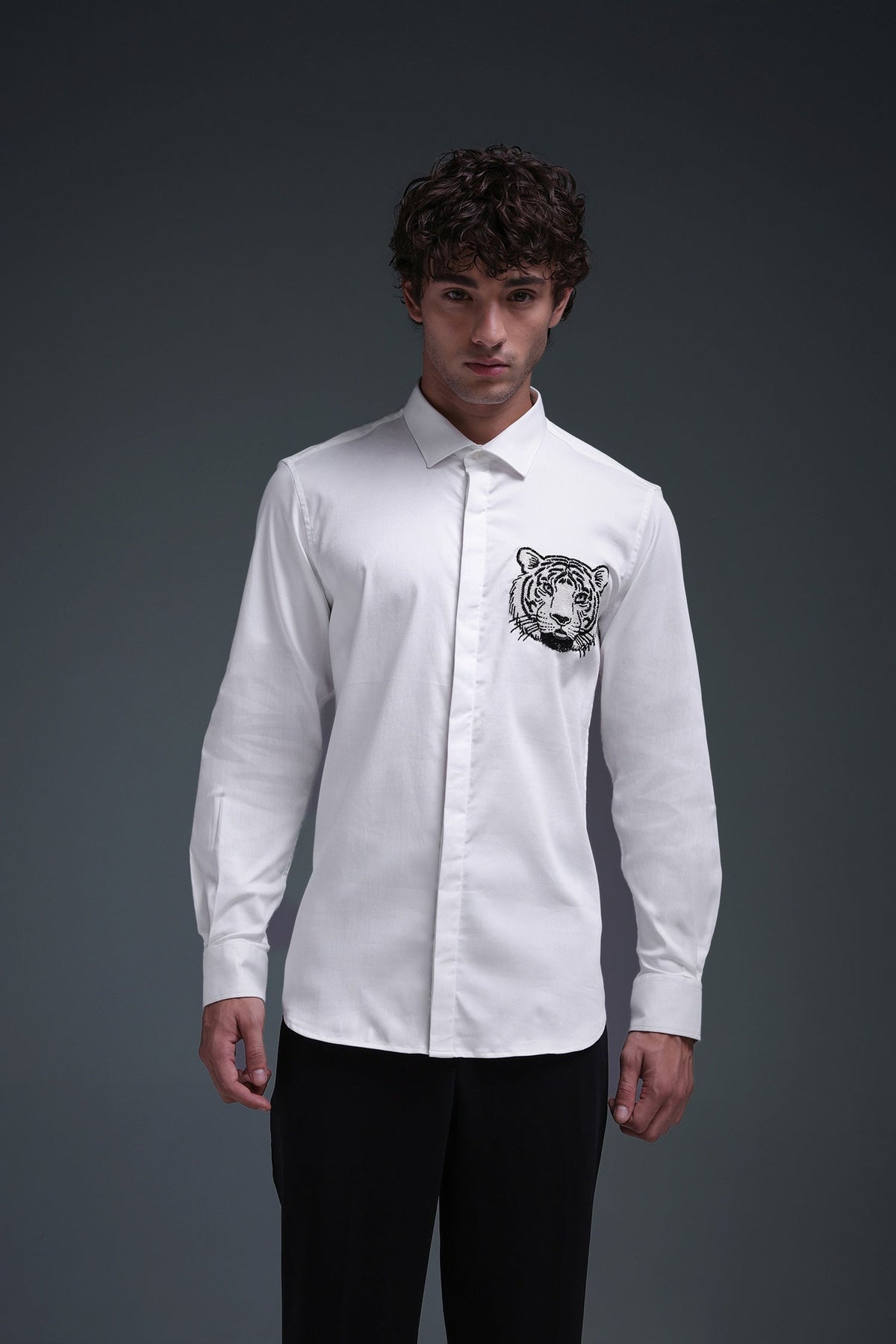 Predator(Tiger) - Hand Embroidered Designer Shirt - White
