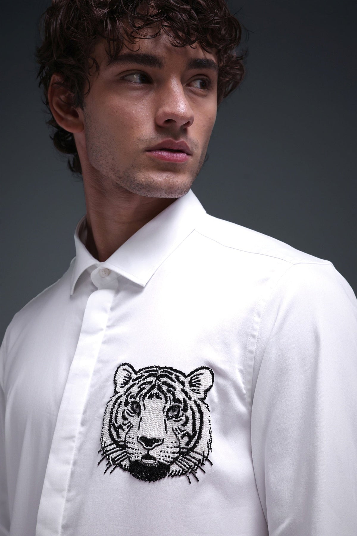 Predator(Tiger) - Hand Embroidered Designer Shirt - White
