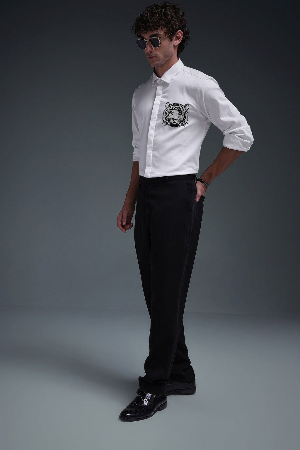Predator(Tiger) - Hand Embroidered Designer Shirt - White