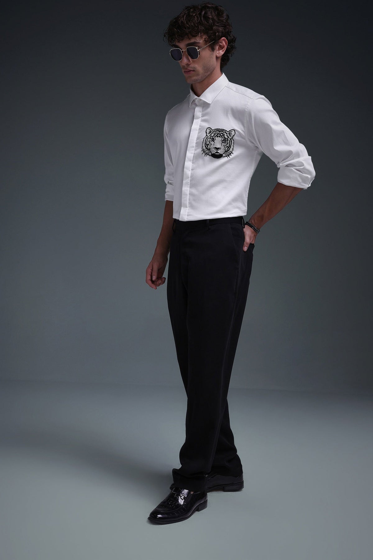 Predator(Tiger) - Hand Embroidered Designer Shirt - White