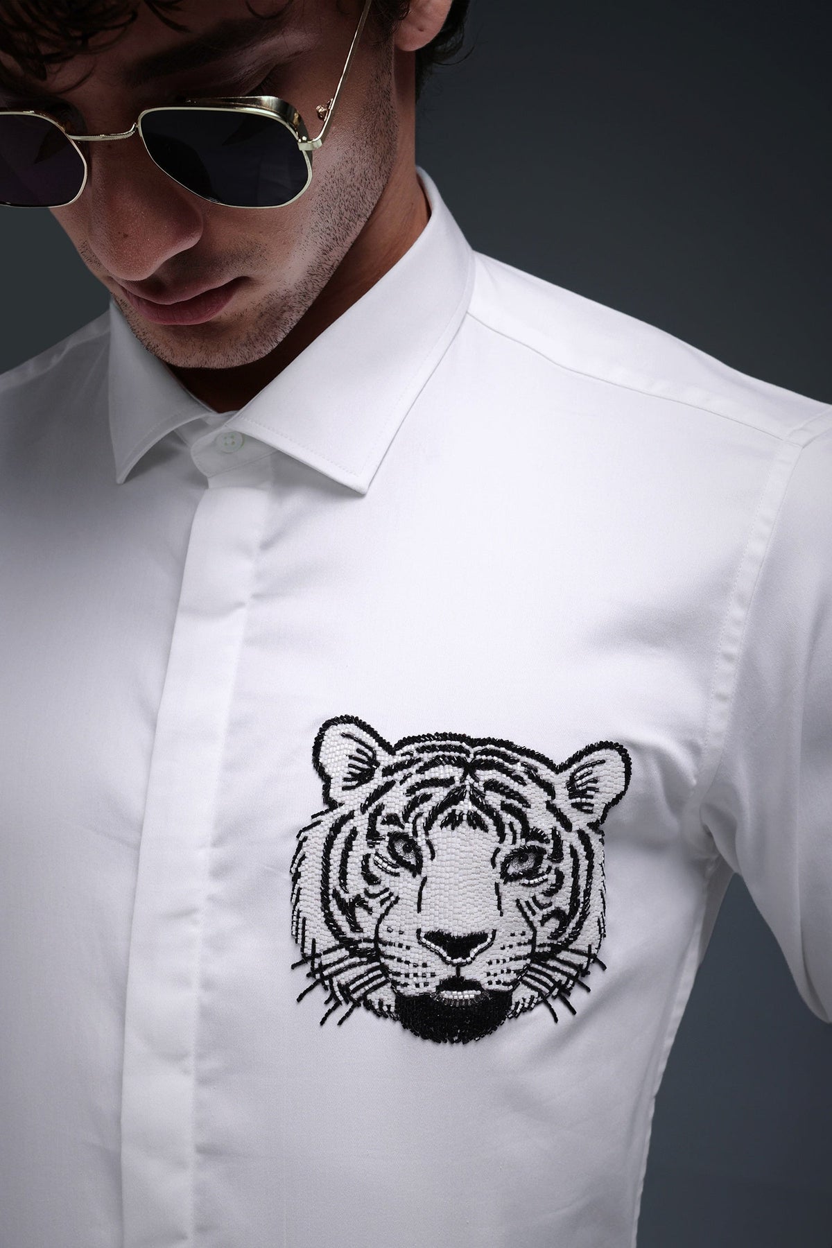 Predator(Tiger) - Hand Embroidered Designer Shirt - White