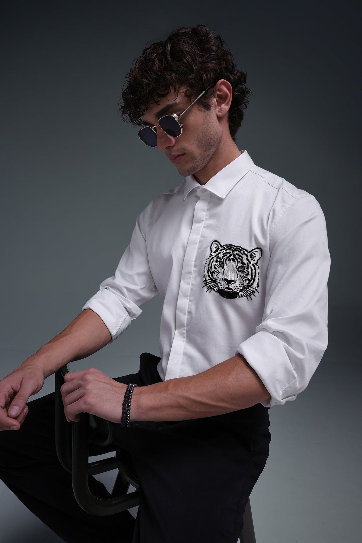 Predator(Tiger) - Hand Embroidered Designer Shirt - White