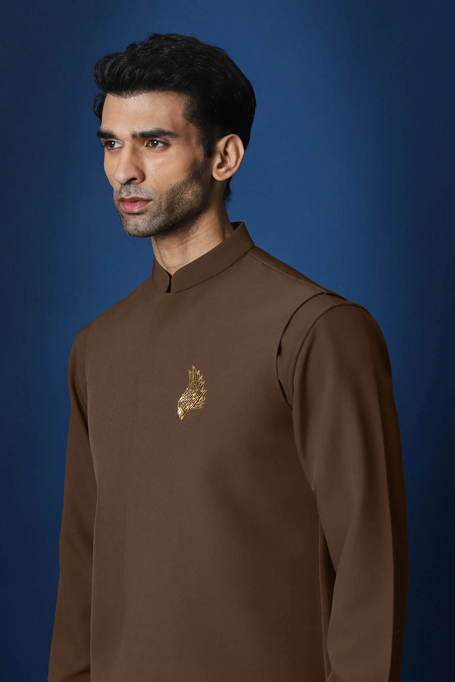 Feather (Wing) Hand Embroidered Bundi Set - Brown