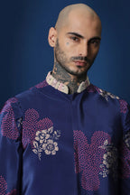 Flower Print Bandhani Hand Embroidered Bundi Set - Blue