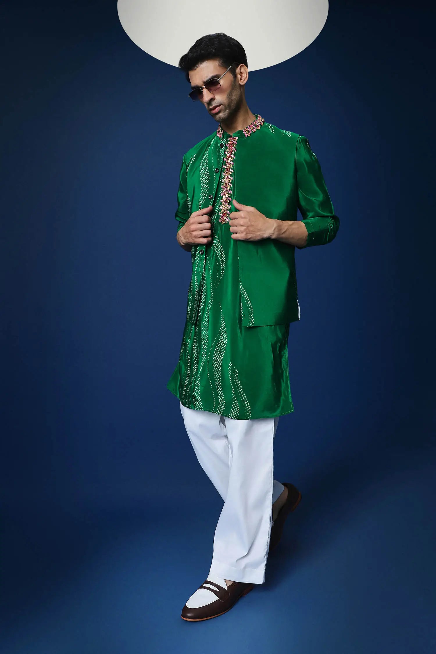 Bandhani Hand Embroidered Bundi Set - Green