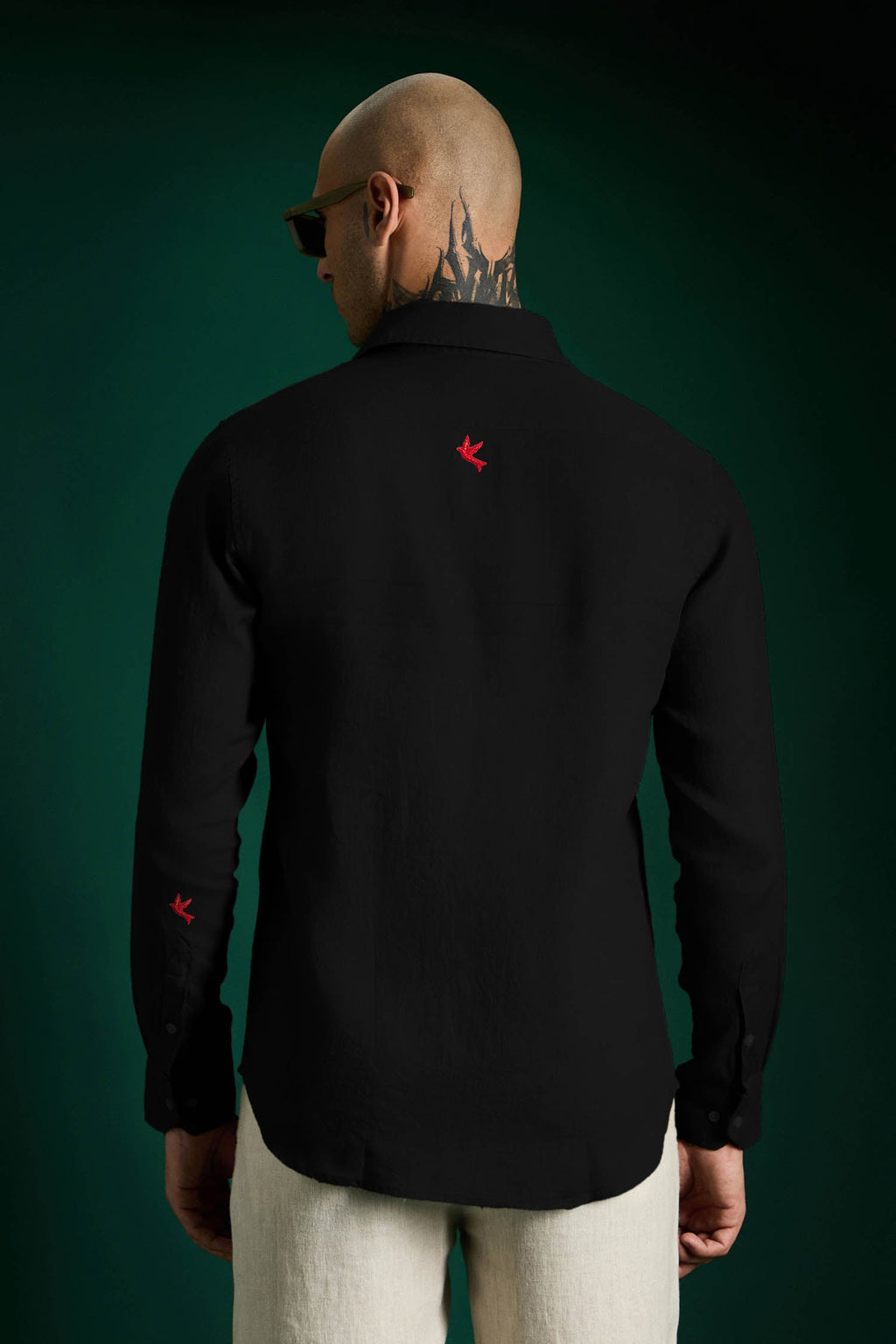 Bird Hand Embroidered Irish Linen Shirt - Black - Red