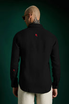 Bird Hand Embroidered Irish Linen Shirt - Black - Red