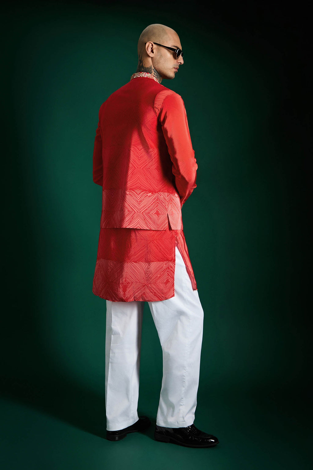 Red Print Hand Embroidered Designer Bundi Set