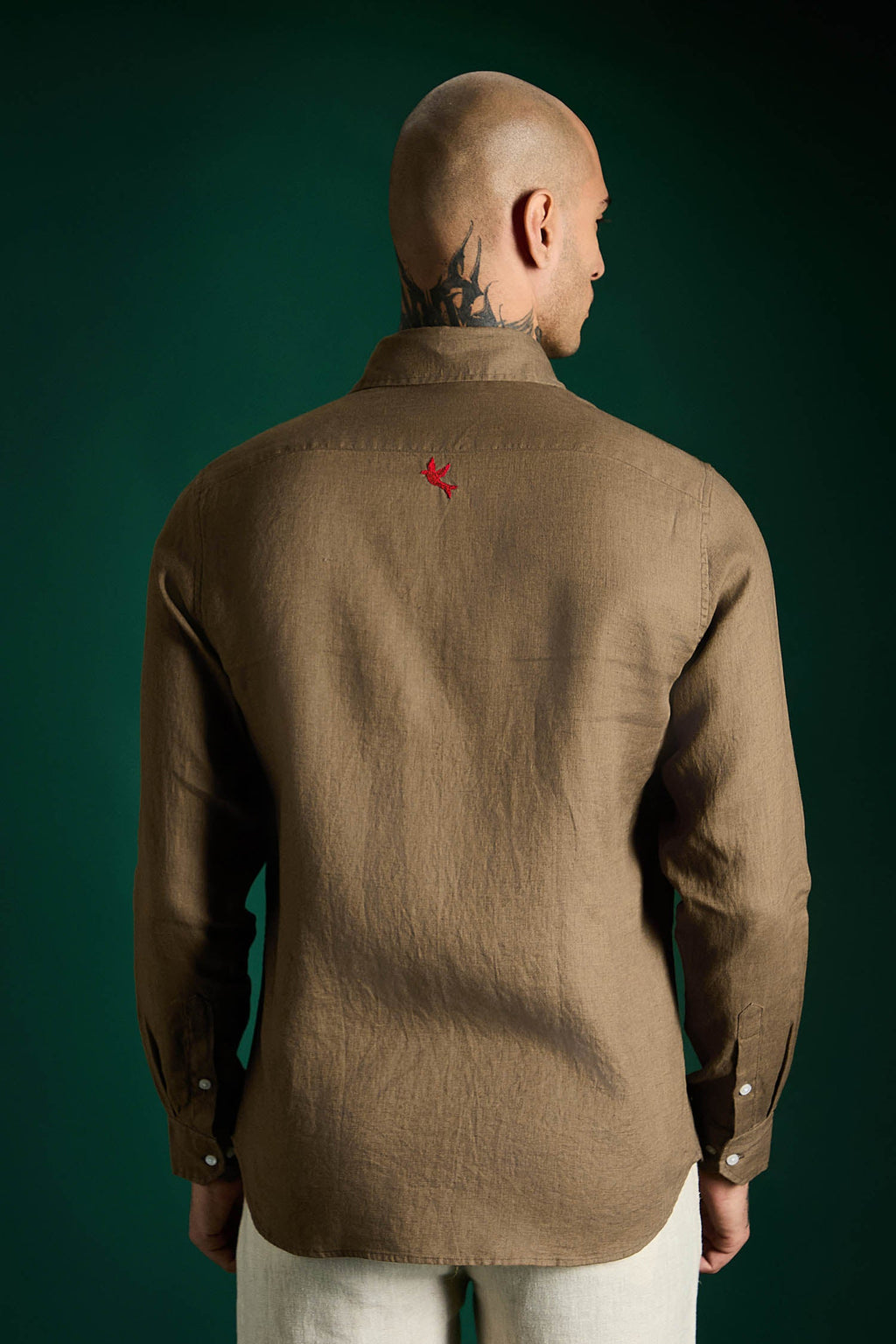 Bird Hand Embroidered Irish Linen Shirt - Cocoa Brown