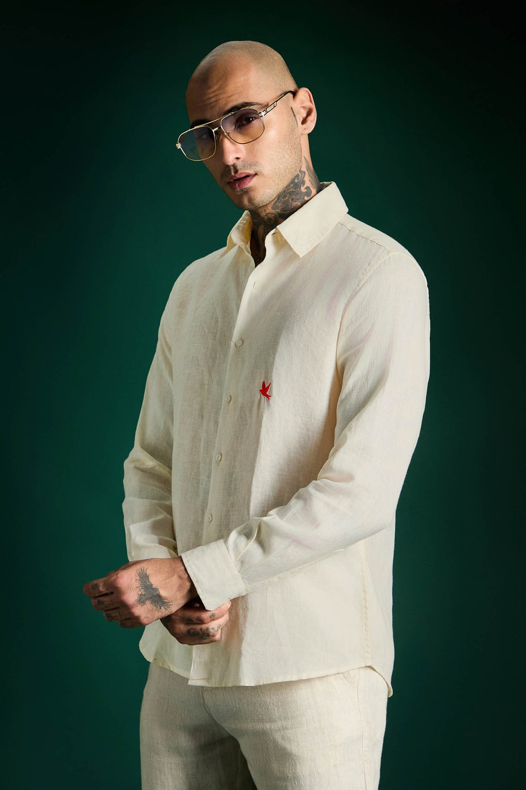 Bird Hand Embroidered Irish Linen Shirt - Ivory