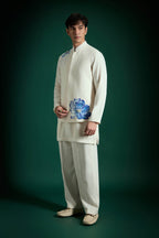Aquatic Bloom(Flower) Hand Embroidered Designer Bundi Set - Ivory