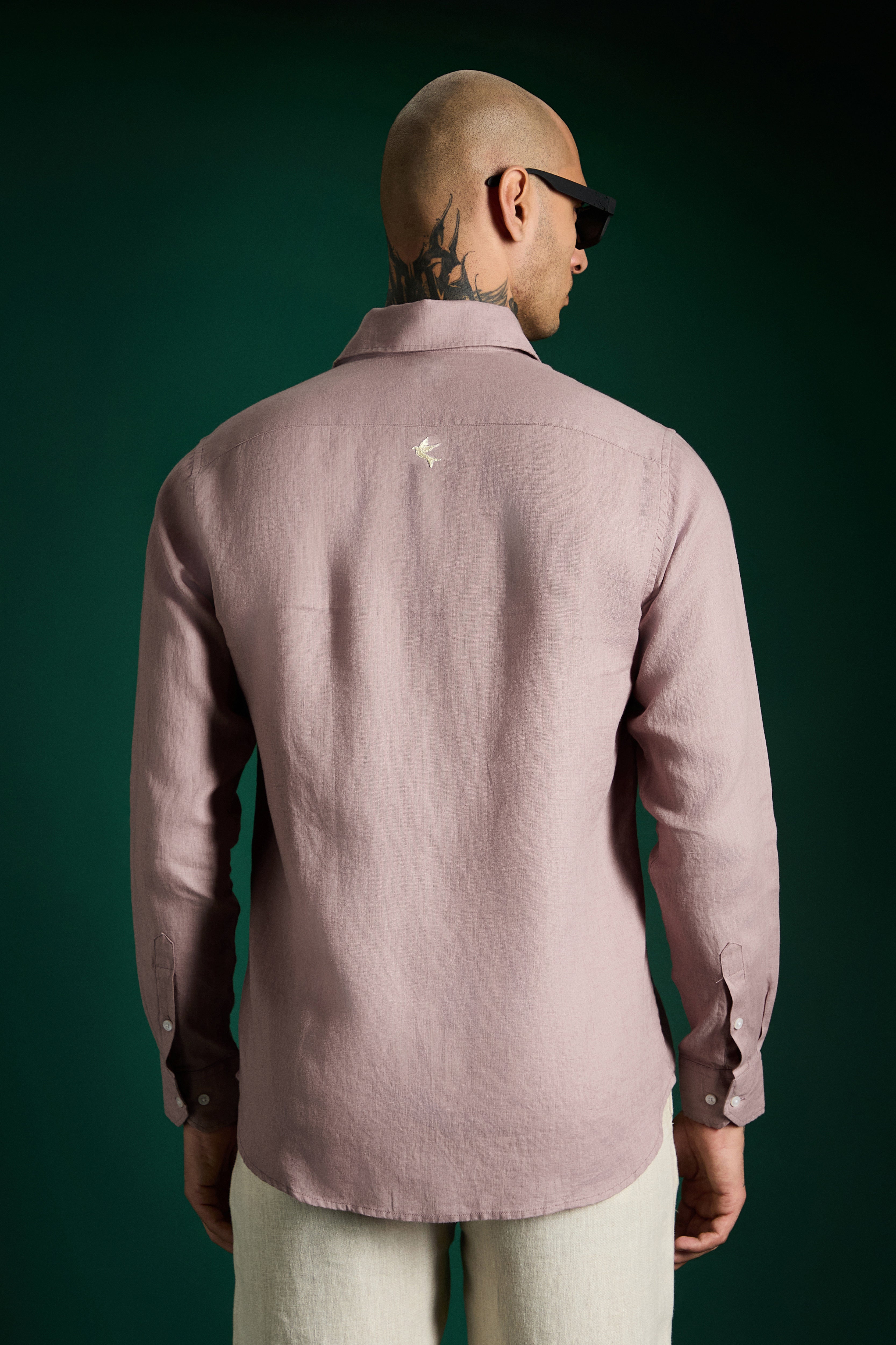 Bird Hand Embroidered Irish Linen Shirt - Dusky Pink
