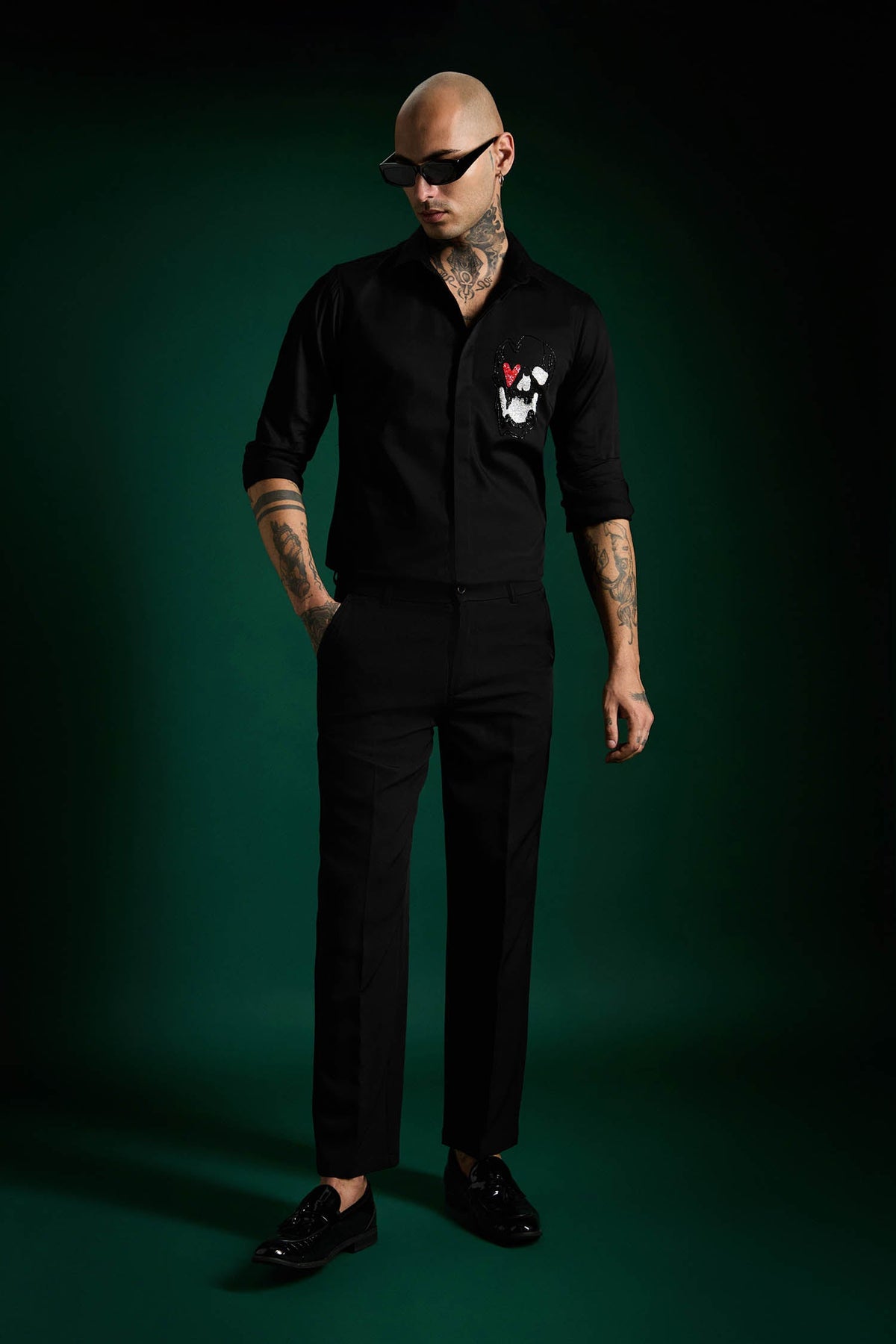 Heart Skull - Hand Embroidered Designer Shirt - Black