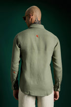 Bird Hand Embroidered Irish Linen Shirt - Olive Green