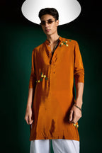 Water Lily Hand Embroidered Designer Kurta - Rust Orange