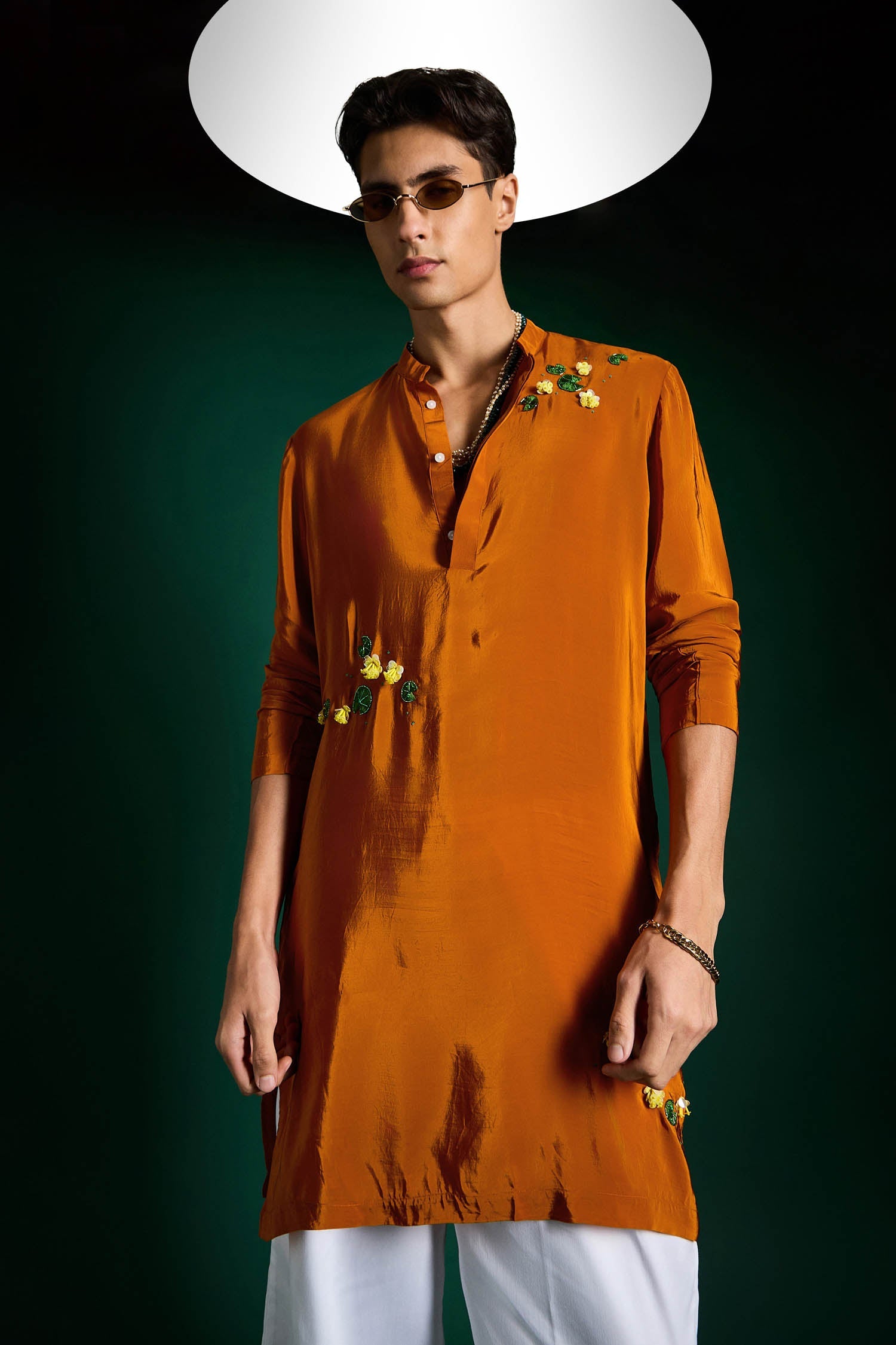 Water Lily Hand Embroidered Designer Kurta - Rust Orange