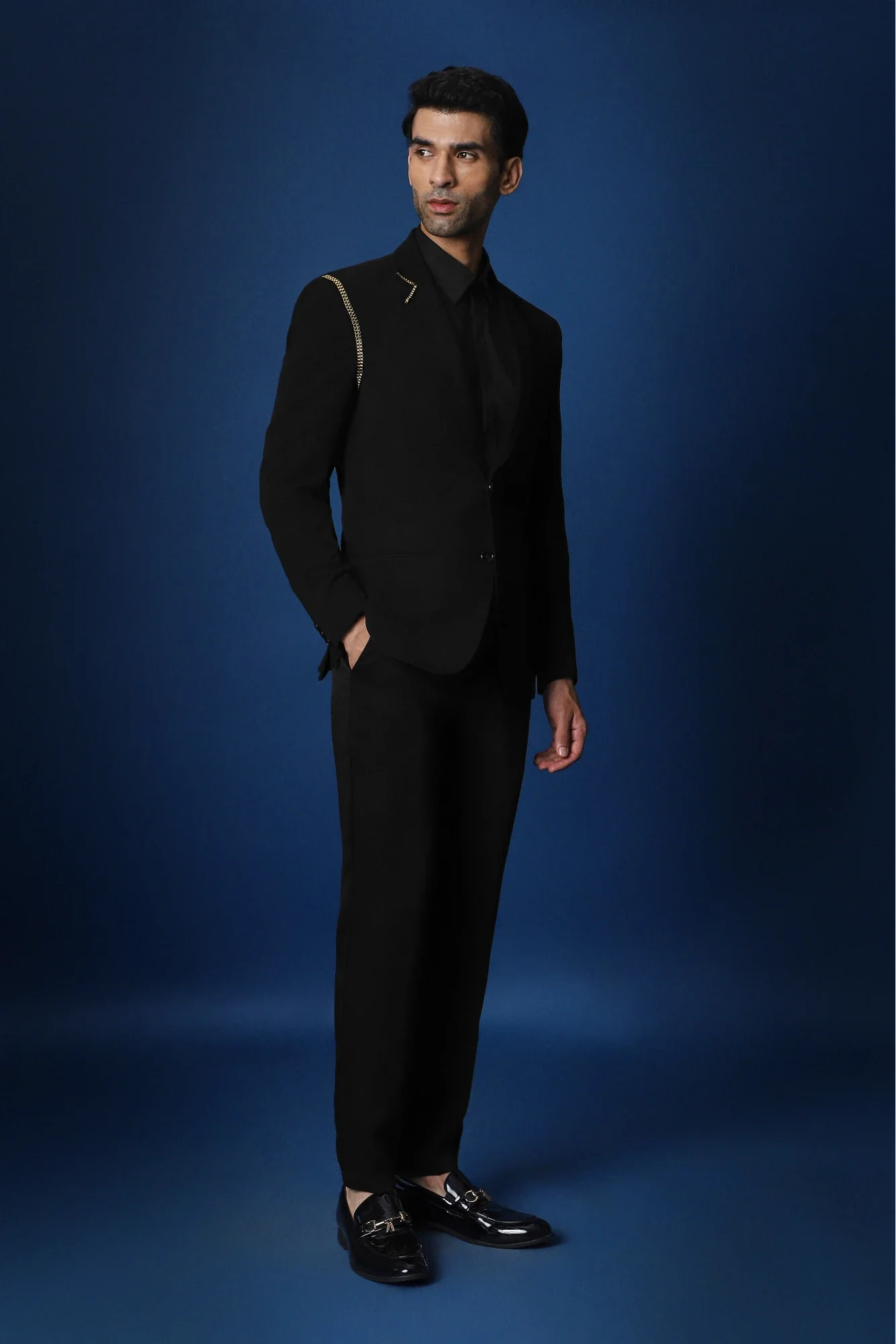 Metal Chain Hand Embroidered Tuxedo - Black