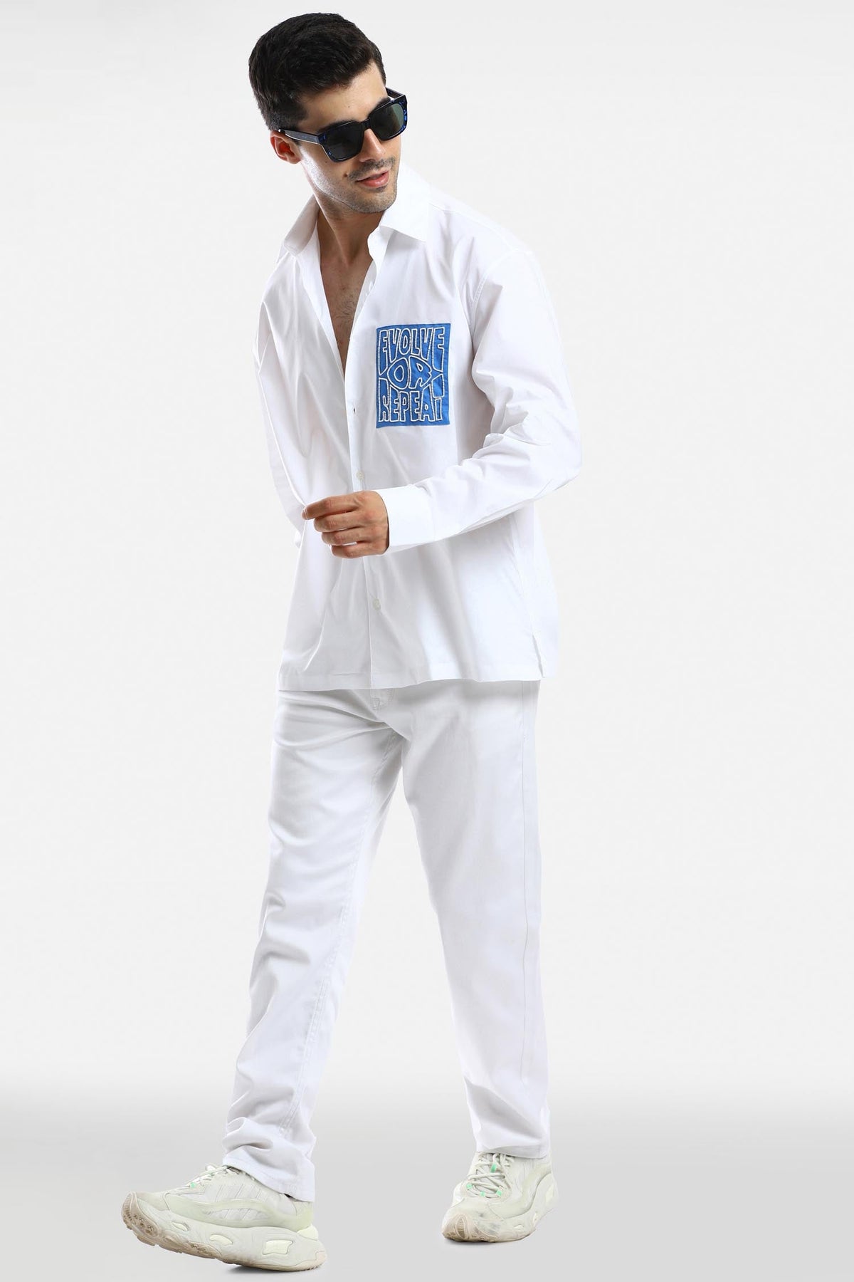 Evolve or Repeat - Hand Embroidered Oversized Designer Shirt  - White with blue