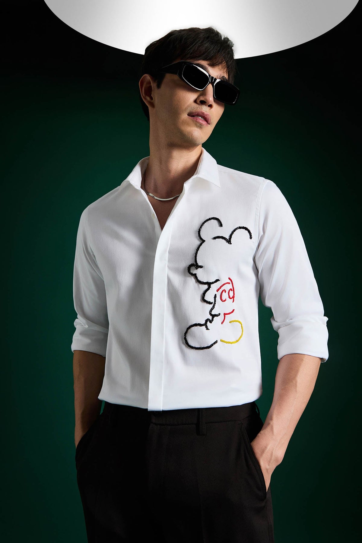 Big Mickey - White Hand Embroidered Designer Shirt - White