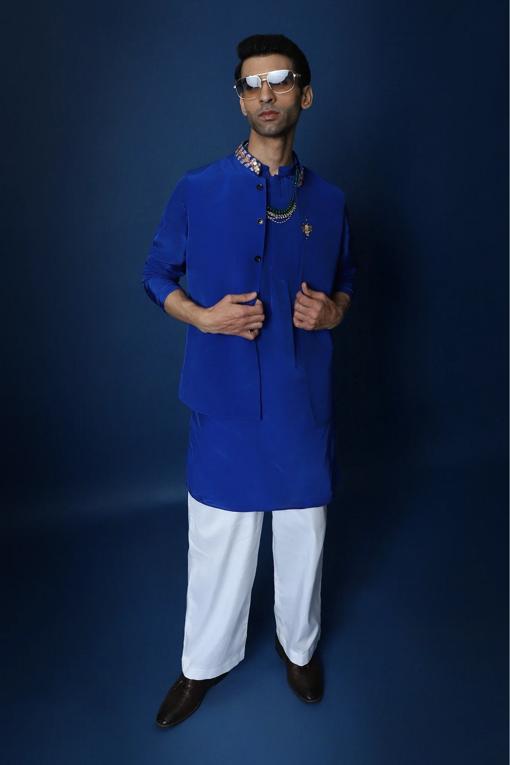Groom Squad Hand Embroidered Crepe Bundi With Kurta  - Royal Blue
