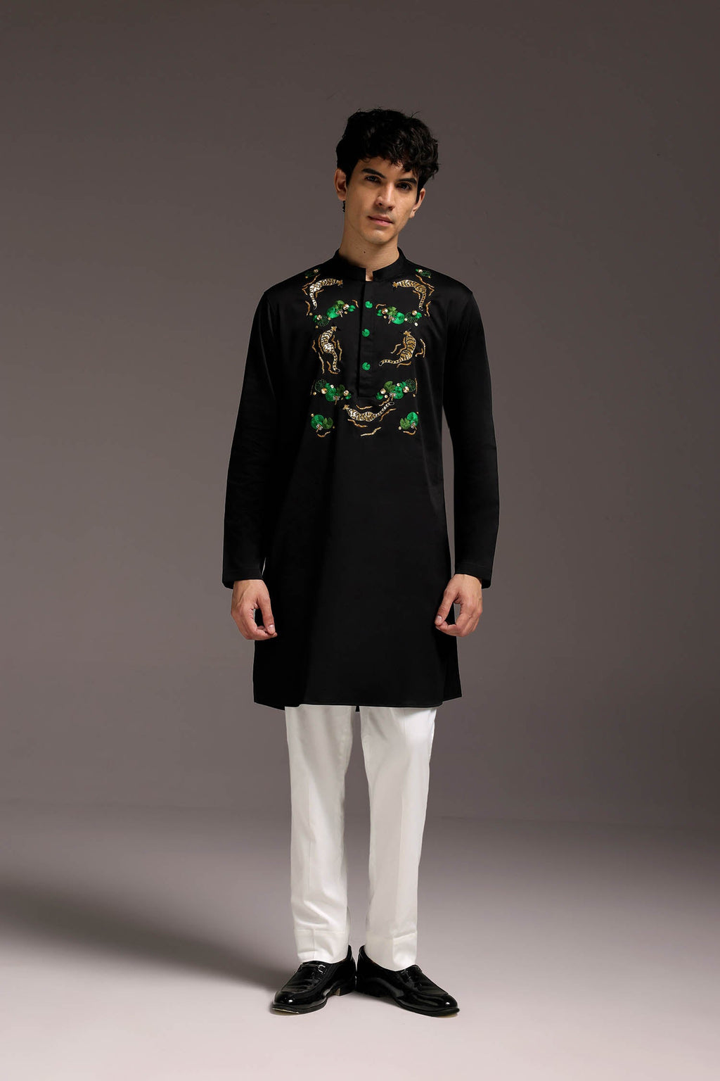 Natant Tiger - Hand Embroidered Designer Kurta - Black