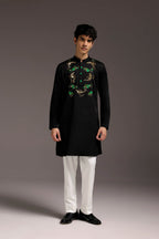 Natant Tiger - Hand Embroidered Designer Kurta - Black