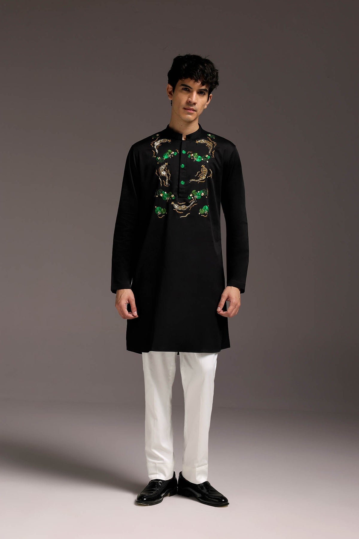 Natant Tiger - Hand Embroidered Designer Kurta - Black