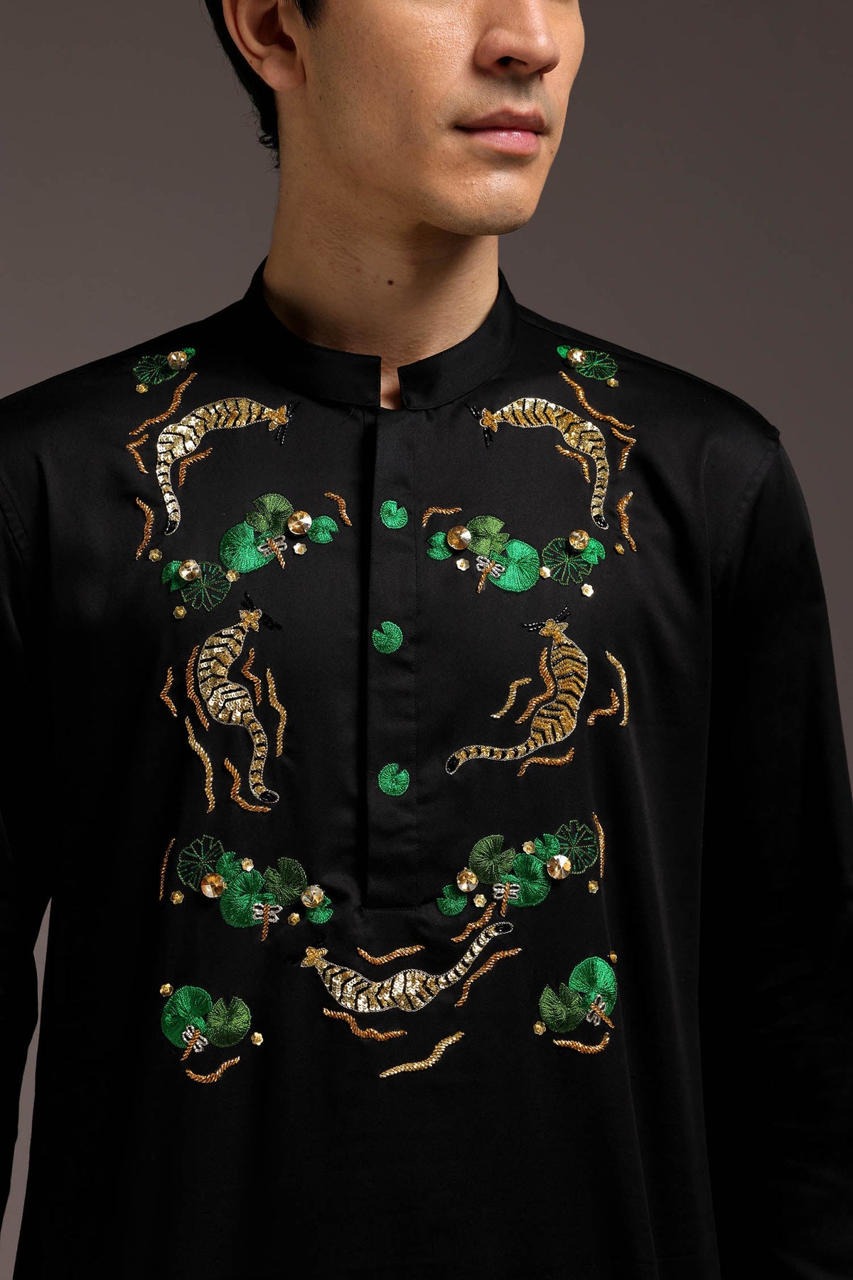 Natant Tiger - Hand Embroidered Designer Kurta - Black