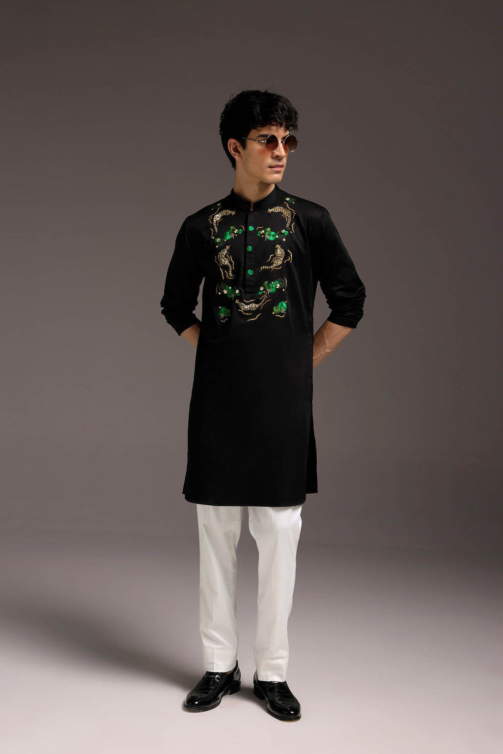 Natant Tiger - Hand Embroidered Designer Kurta - Black