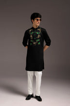Natant Tiger - Hand Embroidered Designer Kurta - Black