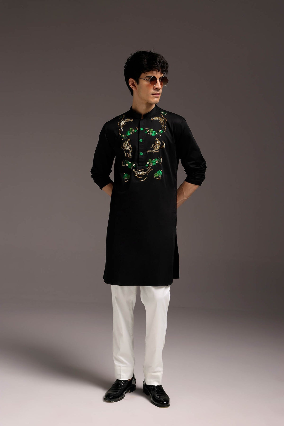 Natant Tiger - Hand Embroidered Designer Kurta - Black