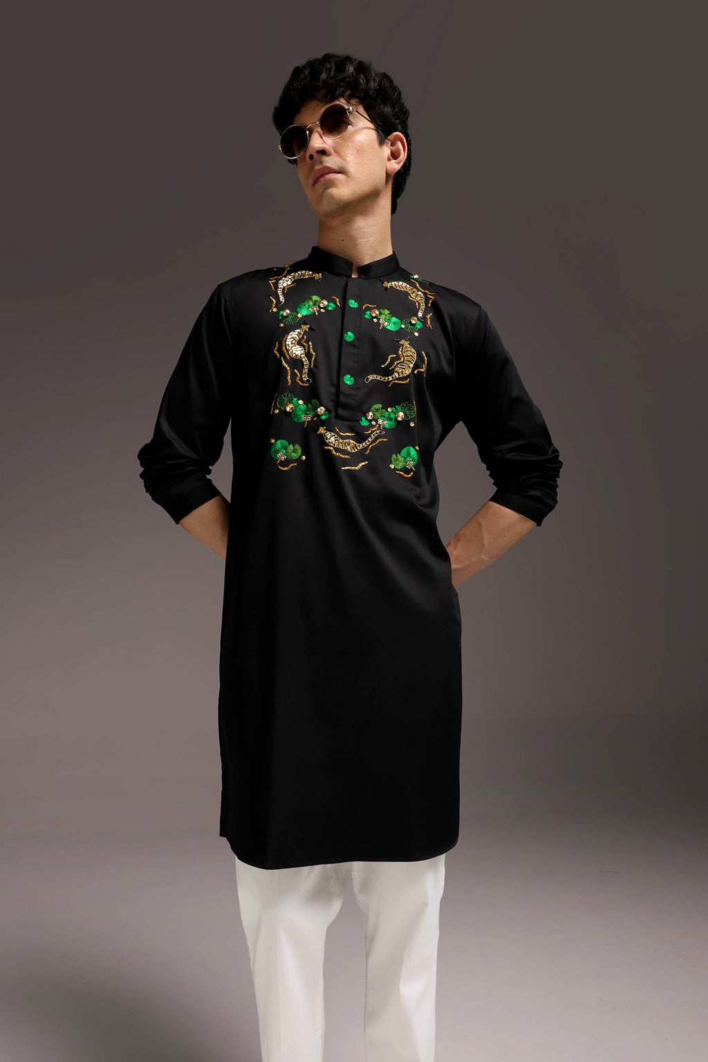 Natant Tiger - Hand Embroidered Designer Kurta - Black