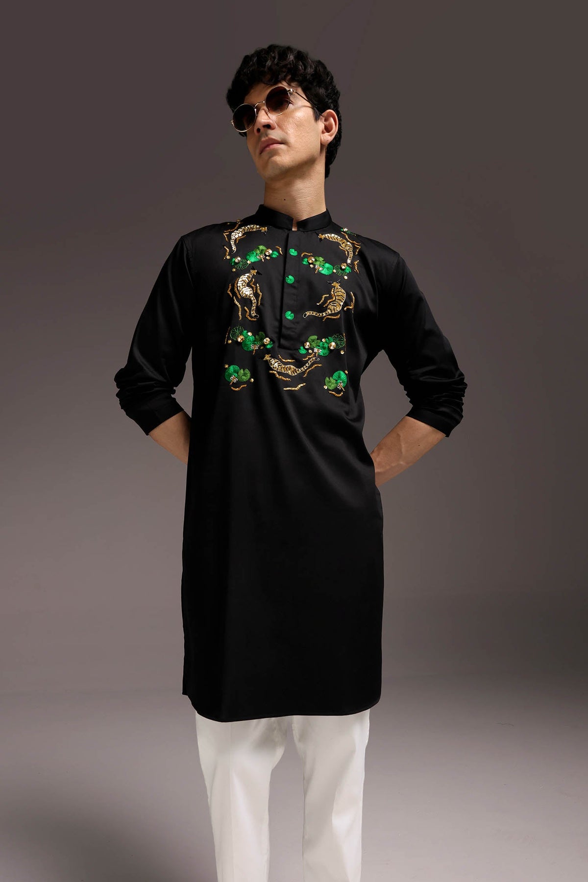 Natant Tiger - Hand Embroidered Designer Kurta - Black