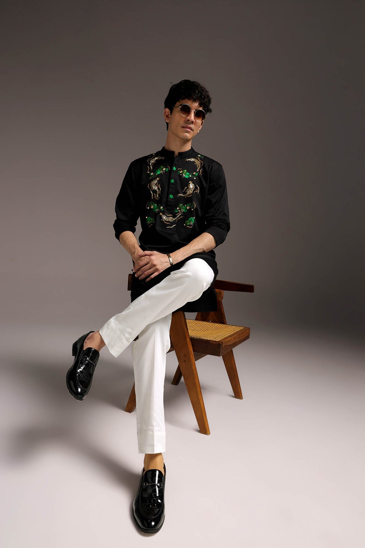 Natant Tiger - Hand Embroidered Designer Kurta - Black