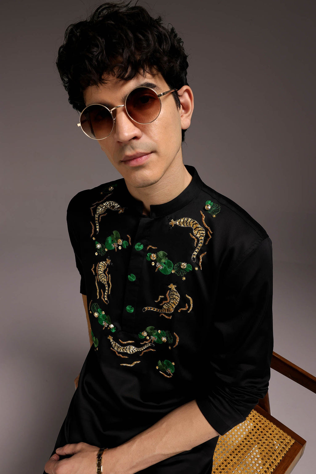 Natant Tiger - Hand Embroidered Designer Kurta - Black