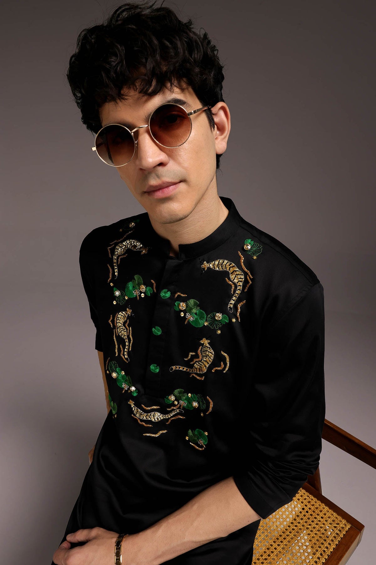 Natant Tiger - Hand Embroidered Designer Kurta - Black
