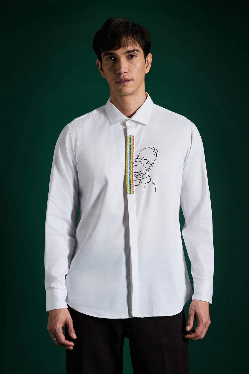 Static Brat Simpson - Hand Embroidered Designer Shirt - White