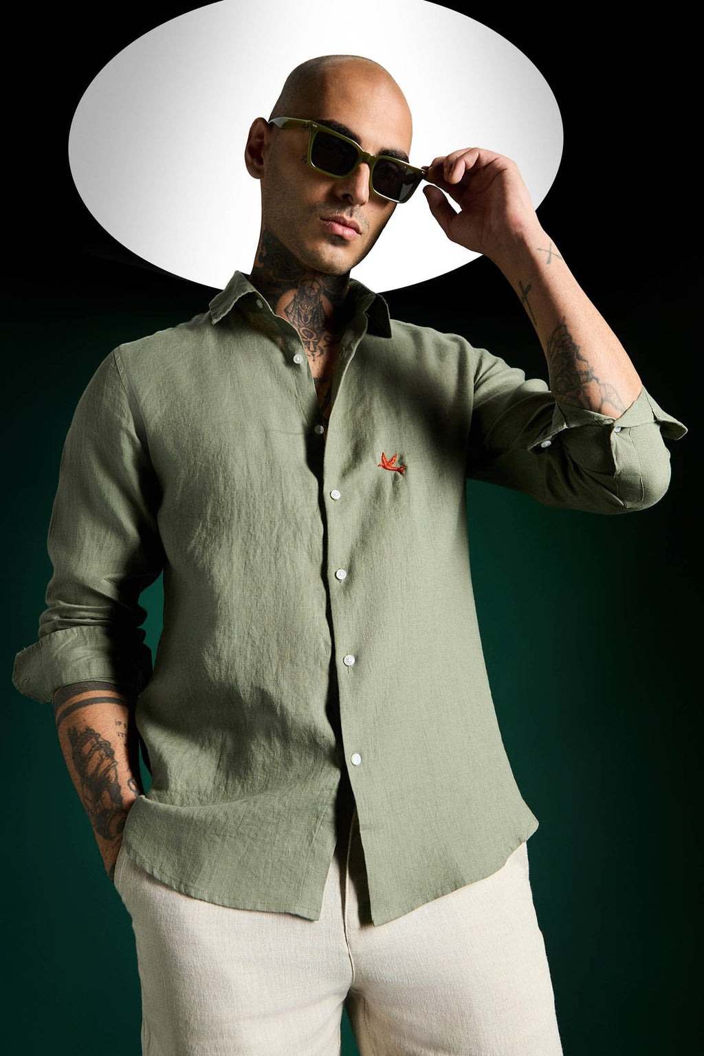 Bird Hand Embroidered Irish Linen Shirt - Olive Green