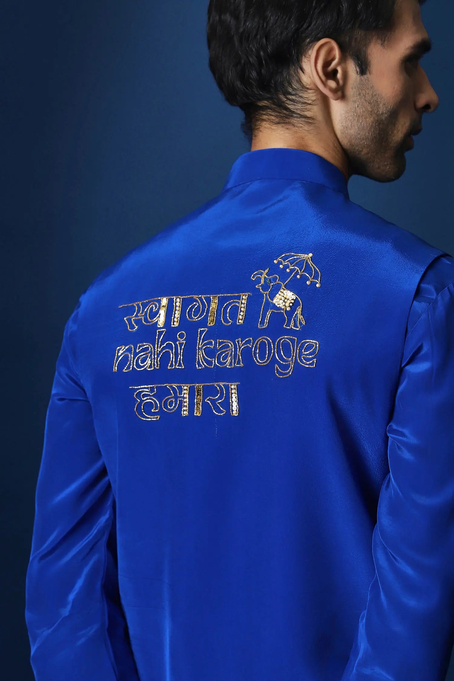 Swaagat Nahin Karoge Humara Hand Embroidered Bundi Set - Royal Blue