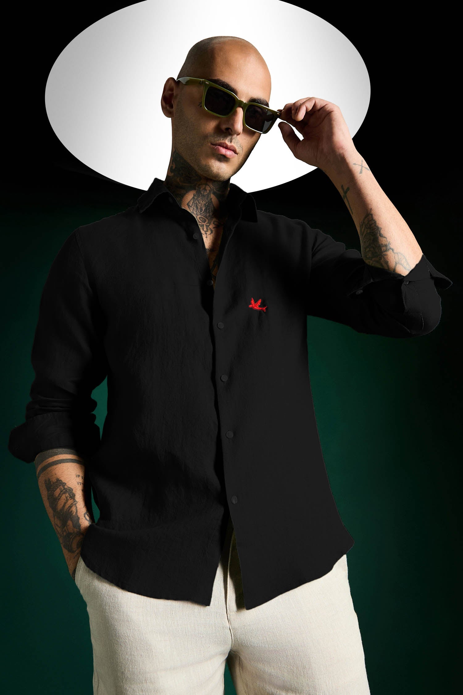 Bird Hand Embroidered Irish Linen Shirt - Black - Red