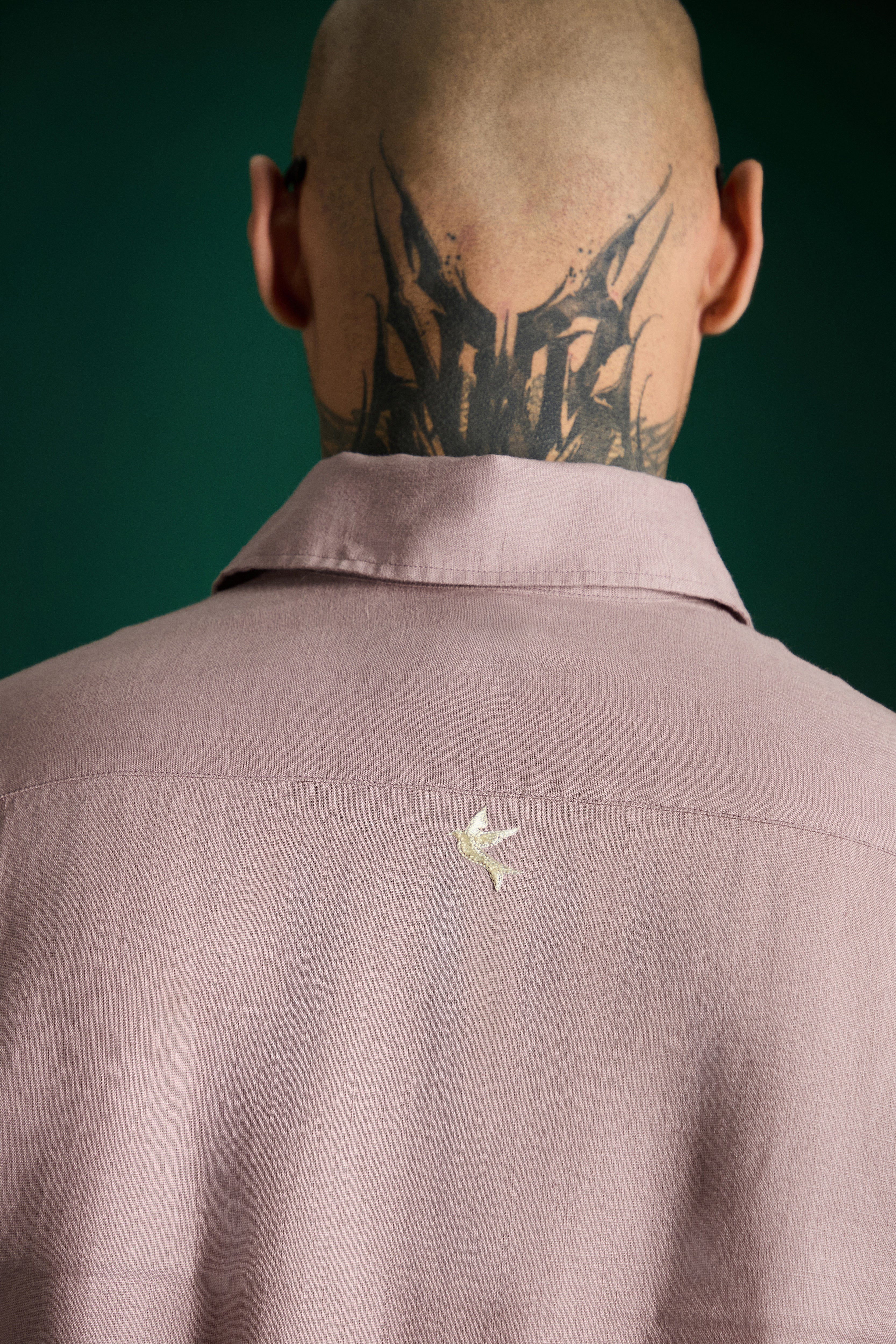 Bird Hand Embroidered Irish Linen Shirt - Dusky Pink