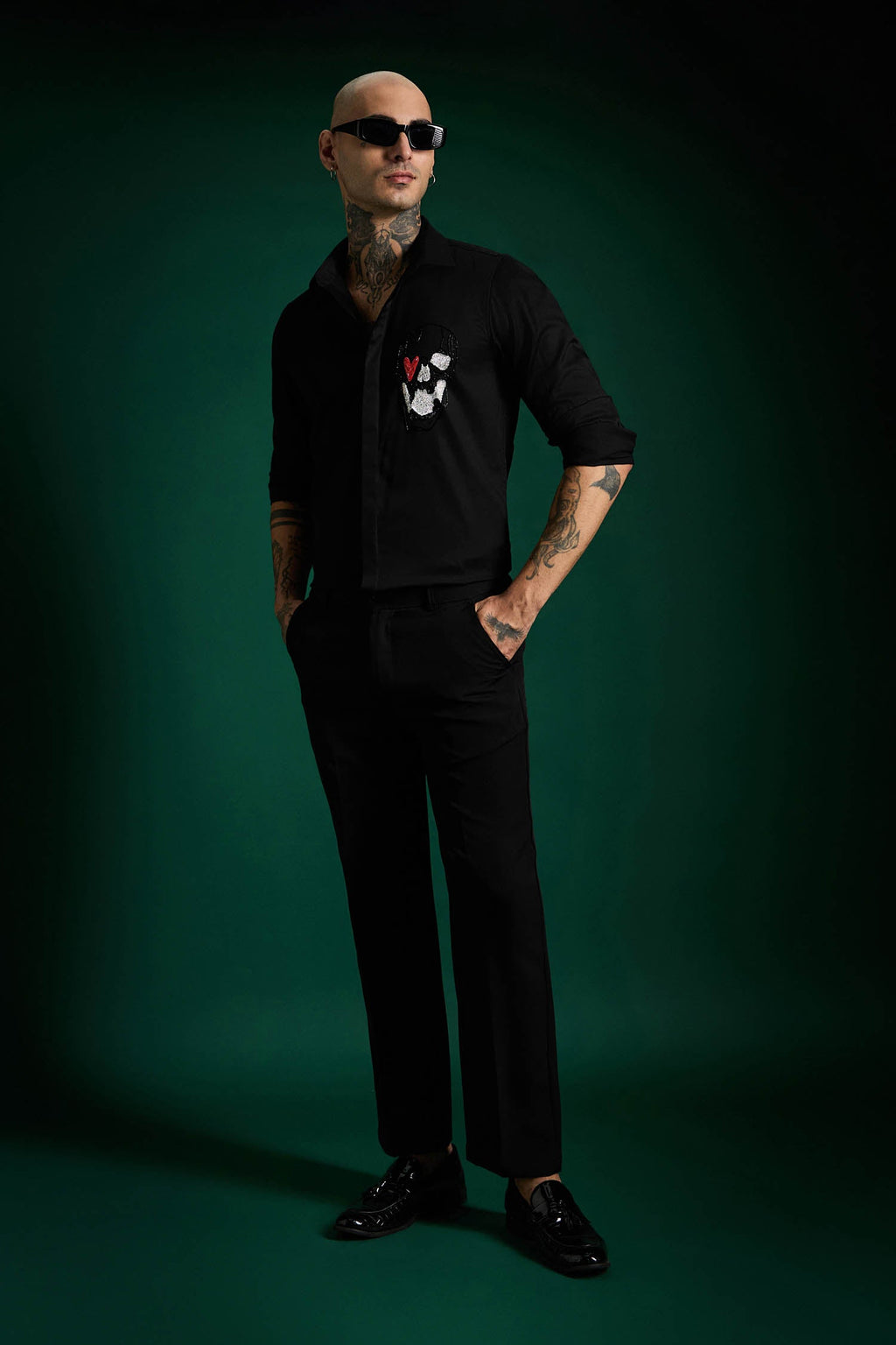 Heart Skull - Hand Embroidered Designer Shirt - Black