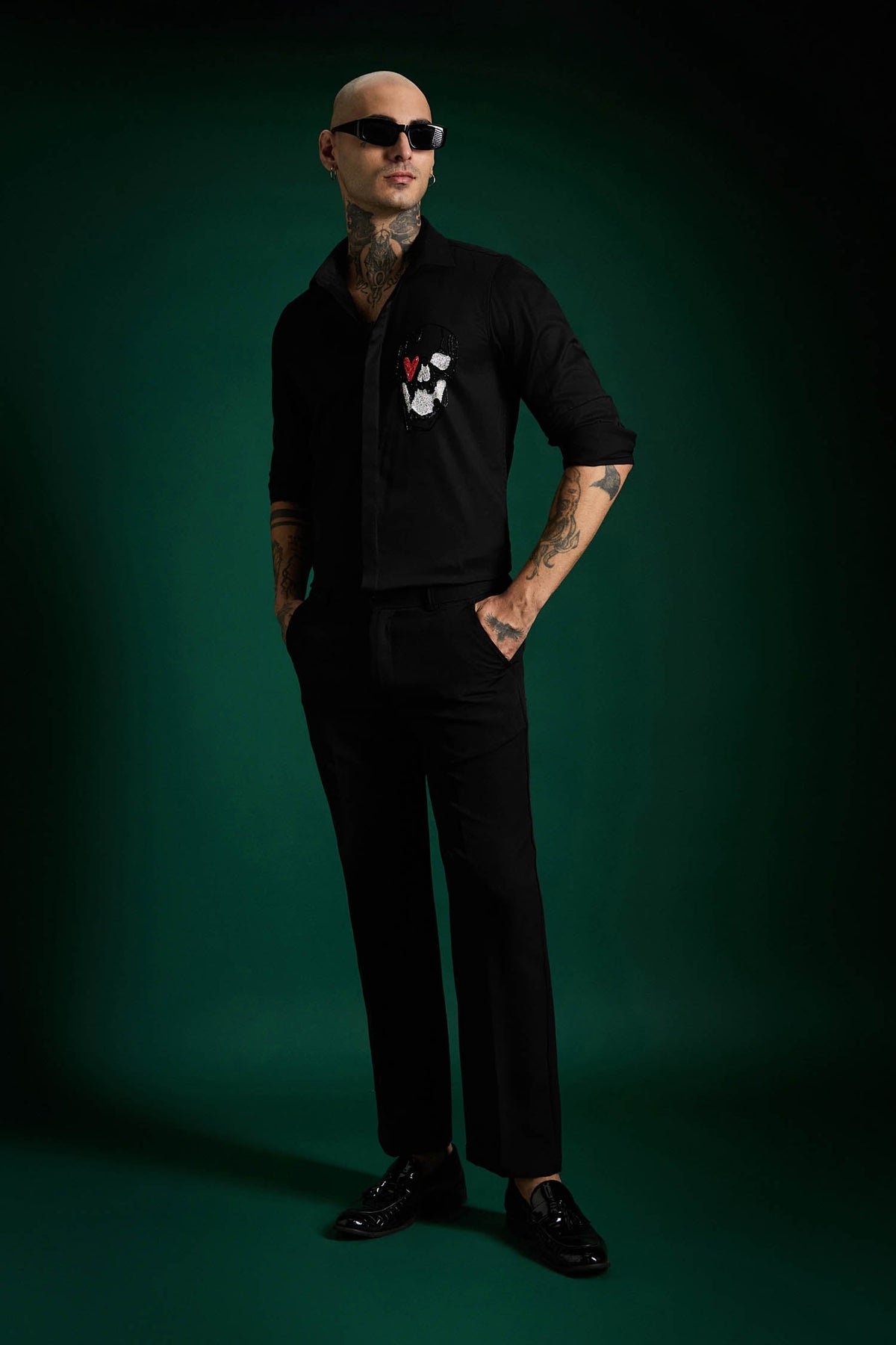 Heart Skull - Hand Embroidered Designer Shirt - Black